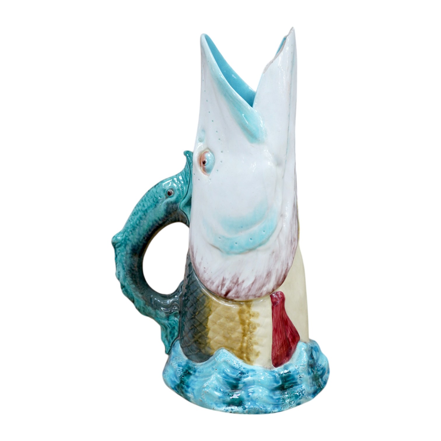 A Victorian Royal Worcester majolica ‘trout head’ jug, 30cm high. Condition- loss to mouth